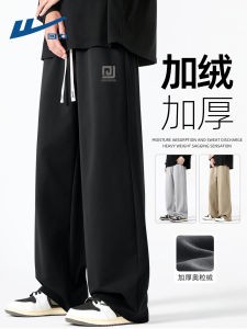 Mens Fleece Lined Loose Straight Leg Casual Pants Autumn Winter New Style Comfortable Cotton Elastic Waist Printed Trousers