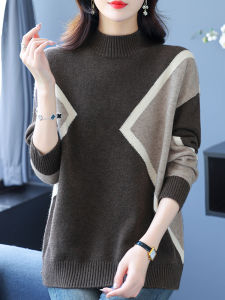 Nữ Áo Len Cashmere Khối Màu Nửa Cao Cổ Áo Phù Hợp Với Mùa Thu Mùa Đông Thời Trang Sành Điệu Áo Sơ Mi Đế Cỡ Lớn Mặc Bên Trong