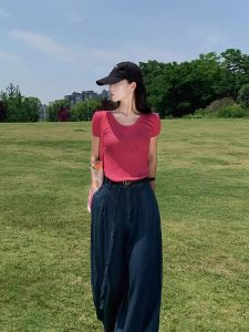 HUOLISI | American Spicy Red U-Neck Slim Fit T-Shirt
