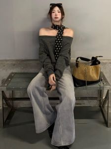 Quần Jeans Ống Thẳng Rộng Màu Xanh Cạp Cao Thường Ngày Cho Nữ Mùa Xuân Thu Quần Dài Cao Cấp 175 Cao 180 Cao Cấp