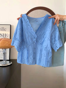 French Elegant Blue V-neck Pleated Short Shirt Women Summer Hooked Hollow Lace Trimmed Blouse Loose Fit Polyester Fiber
