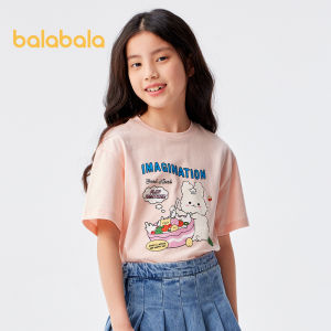 Balabala Childrens Short Sleeved Girls T Shirt 2024 New Summer Clothes Big Children Cartoon Printed Cotton Top Sweet
