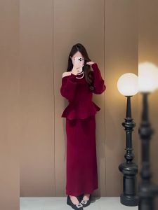NIUVIES | Đầm Dài Len Đan Phong Cách Màu Đỏ cho Nữ