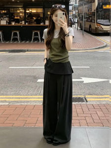 Ge·an·fei | Three-Piece Womens Outfit Set Green Sleeveless Top Wide Leg Pants