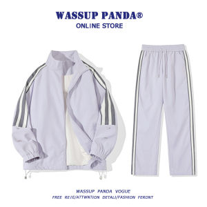 Wassup Panda Mens Sporty Casual Stripe Collar Jacket Coat Polyester Fiber Long Sleeve Long Pants Autumn Season Fashion Trend