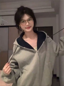 American Style Zipper Splice Color Hoodie Womens Spring Autumn Loose Simple Design Casual Versatile Outerwear Trendy Brand