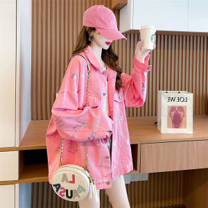 Pink Denim Jacket for Women with Cartoon Print Loose Fit Cotton Polyester Blend Short Sleeve Work Clothing for Spring and Autumn