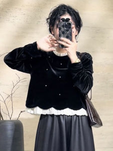 เสื้อเชิ้ตผ้ากำมะหยี่สีดำสำหรับผู้หญิง ฤดูใบไม้ร่วง/ฤดูหนาว สไตล์เกาหลี คอตั้งสี ดีไซน์เก๋ไก๋ ประดับกระดุม เสื้อผ้าทำงาน