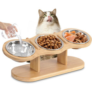 Cat 3 Bowls in 1 Feeder Feeding & Watering Supplies Food Bowl 15-Degree Tilt Raised Puppy 3 Stainless Steel Bowls Wood Brackets