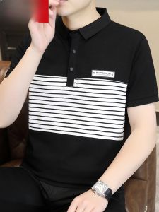 HENGYUANXIANG | Hengyuanxiang Mens Short Sleeve Polo Shirt Ice Silk Cotton T-Shirt Fashionable Striped Patchwork Turn-down Collar Summer Top