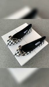 Pointed flat shoes for women 2024 new houndstooth bow ladies shoes comfortable and versatile soft sole four seasons shoes