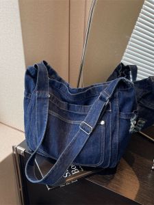 กระเป๋าสะพายไหล่แบบสะพายข้างผ้าเดนิมความจุขนาดใหญ่สำหรับผู้หญิง กระเป๋าสะพายข้างแบบลำลองสำหรับเดินทางไปทำงาน กระเป๋าสะพายข้างแบบมีสายเดี่ยว