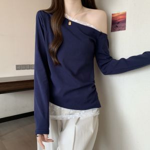 Shoulder Bared Long Sleeve T Shirt Women Early Autumn New Large Size Fat MM Sweet And Spicy Chic Lace Splicing Top