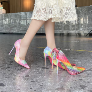 YUCHEN  4.33 inches  Heels for Women With Pumps Ladies Stiletto Colorful Pointed Toe Banquet Nightclub Model High Heeled Shoes Size 35- 46
