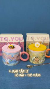 Ly Sứ - Cốc Sứ phong cách Hoạt Hình dễ thương Dung Tích 450ml kèm Muỗng Inox Hộp quà tặng Nắp Silicon(Hình thật shop chụp)