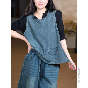 XIAOER | Versatile Layering High Count Cotton Blend Distressed Light Wash Drawstring Hem Casual Jean Vest