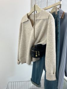 Womens Polo Neck Knitwear Casual Thickened Autumn Winter Inner Wear 2025 New Lazy Style Turn Collar Loose Fit Warmth Emitting Top