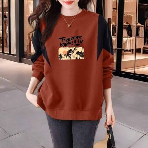 Spring Fashion Pure Cotton Womens Sweatshirt round Neck Splice Color Block Trendy Top Small Size Matching Street Style