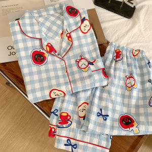 Korean Plaid Apple Sleepwear Womens Spring Autumn Long Sleeve Long Pants Cute Open Cardi Cloud Cotton Home Clothes Set