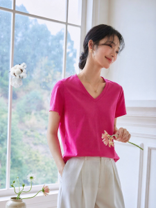 Vimly | Solid Color Regular Shoulder V-Neck Loose T-Shirt