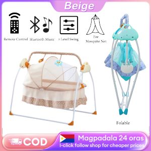 Beige Baby Electric Cradle Bed Multifunctional Foldable Remote-controlled Rocking Bed with Music and Mosquito Net