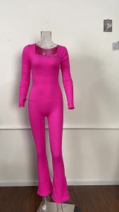 Autumn Six-Color New Flared Pants Workout Clothes European and American Sports Square Collar Long Sleeve Yoga Jumpsuit Women