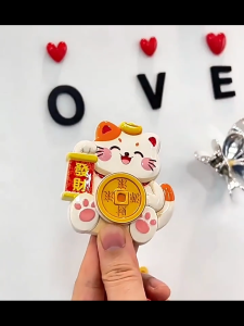 3D Rotatable Lucky Cat Refrigerator Magnet Wealth Attraction Feng Shui Lucky Charm Maneki Neko Fridge Magnetic Sticker for Kitchen Door Decor Blessing Gift