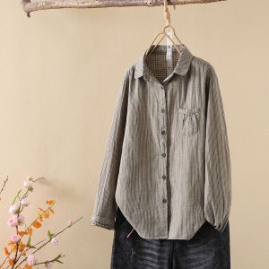 เสื้อเชิ้ตผู้หญิงแขนยาวลายสก็อตผ้าฝ้ายแท้สองชั้น นุ่ม สวมใส่สบาย ระบายอากาศได้ดี เสื้อเชิ้ตลำลองสำหรับเด็ก ทรงหลวม หลากหลายสไตล์