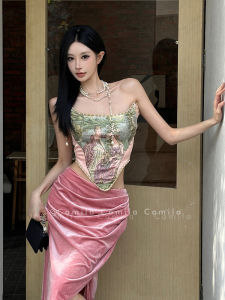 French Court Style Double-Sided Wear Fishbone Corset Spring Autumn Pink Velvet Bodycon Midi Skirt Split Halterneck Underwear