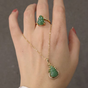 HZP Titanium Steel No Fading Gold Lucky Fortune Gourd Necklace ring set women Green Crystal Light Luxury Clavicle Chain birthday gift jewelry