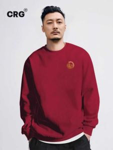 เสื้อฮู้ดผ้าขนแกะสีแดงไวน์สำหรับผู้ชาย ฤดูใบไม้ร่วง/ฤดูหนาว เสื้อเชิ้ตแขนยาวแบบสวมหัว ทรงหลวม ปกติ คอกลม เสื้อผ้าทำงาน