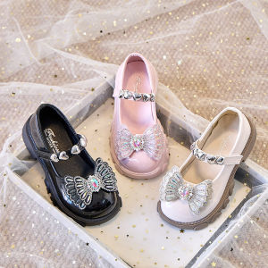 GRAZIA รองเท้าหนังเงาเกิลส์คริสตัลสำหรับเจ้าหญิงรองเท้าส้นเตี้ยสำหรับเด็กรองเท้าหนังแฟชั่นสำหรับงานเลี้ยงงานแต่งงาน