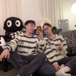 Stitch Cartoon Couple Mens and Womens Pajamas Autumn and Winter Long Sleeves Fleece-lined Thickened Striped Plush Homewear Two-Piece Set