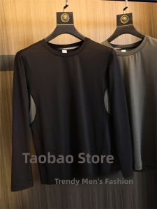 Mens Long Sleeve round Neck T-Shirt Breathable Quick Dry Sportswear Pure Color Block Design Fashionable Urban Style Autumn Wear