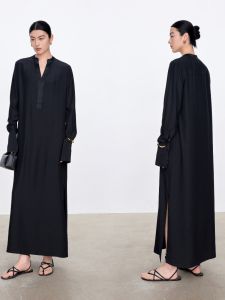 Elegant Silk V-neck Long Dress Casual Silk Shantung Heavyweight 19MM True Silk Satin Free-Spirited R0W Style Paper Doll Shirt Dress