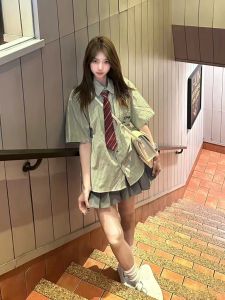 Loose Fit Womens Green Striped Short Sleeve Shirt Korean Style Summer Fashion Sweet Jk Shirt Casual Versatile Basic Shirt