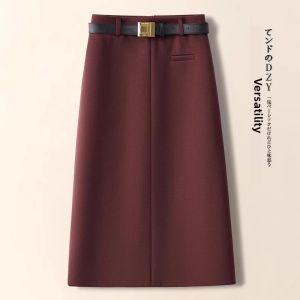 High-End Feel Long A-Line Mini Skirt Wrap around High Waist Pure Color Commute Style Thickened Woolen Casual Skirt