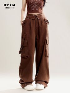 กางเกงขายาวทรงหลวมเอวสูงสไตล์ย้อนยุค HTYM Hot Vision กางเกงขายาวทรงหลวมสำหรับผู้หญิงในฤดูใบไม้ผลิและฤดูใบไม้ร่วง