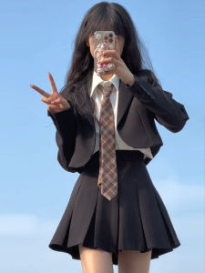 Short Womens Blazer Jacket Spring Autumn Japanese School Uniform Style Long Sleeve Shirt Pleated Skirt Three Piece Set