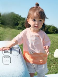 Baby Girls Pure Cotton Short Sleeve T-Shirt Quick Dry Underwear Summer New Style Childrens Clothing Trendy round Neck Top