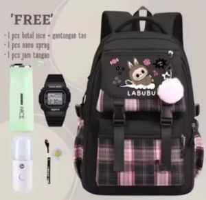 Tas Ransel Anak Perempuan Remaja SD SMP Labubu FREE jam tangan botol minum kaca nano spray gantungan tas bunga tas ransel