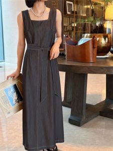 มินิมอล สไตล์ฝรั่งเศส สี่เหลี่ยมจัตุรัส ปกเสื้อ สลิมฟิต ฤดูร้อน เดนิม ชุดเดรส น้ำหนักเบา ชุดเอี๊ยม ยาว ทรงเอ ชุดราตรี