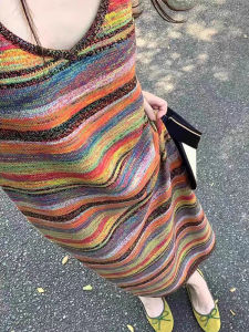 Rainbow Sling Dress 2024 New Womens Summer Layered Inner Wear Plus Size Girls A-Line Sling Dress Long Dress Cotton Knit Fabric Stripes Pattern