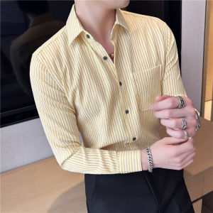Soft Iron-Free Breathable Bubble Cloth Stripe Large Collar Slim Fit Summer Thin Long Sleeve Mens Shirt Trendy Standard Fit Cotton Polyester Spandex