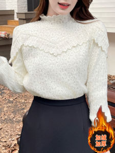 เสื้อเชิ้ตคอปกสูงแบบครึ่งตัวผ้าลูกไม้สำหรับผู้หญิง ฤดูใบไม้ผลิ ฤดูใบไม้ร่วง ฤดูหนาว เสื้อชั้นในแขนยาวหนาป้องกันความร้อน เสื้อชั้นในสุดเก๋