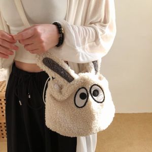 Cute Rabbit Fur Bucket Bag Womens Crossbody Shoulder Bag Autumn Winter Soft Plush Material Youthful Style Casual Leisure Bag