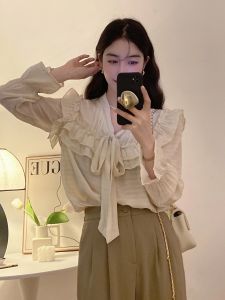 เสื้อเชิ้ตผ้าชีฟองสีพื้นสไตล์ฝรั่งเศสไซส์ใหญ่ คอวี แขนยาว ทรงหลวม ปกปิดหน้าท้อง เสื้อแฟชั่นฤดูใบไม้ร่วง 2023