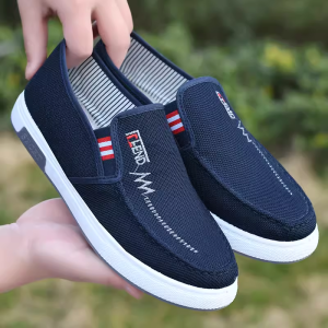 Mens Summer Anti-Slip Slip-On Canvas Shoes Casual Beijing Style Lightweight Breathable Cow Tendon Soft Bottom Shoes