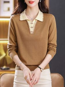 เสื้อยืดคอกลมแขนยาวผู้หญิง 50-60 ปี ฤดูใบไม้ผลิและฤดูใบไม้ร่วง เสื้อเชิ้ตคอกลมแขนยาวสำหรับผู้หญิง ผ้าฝ้ายผสมโพลีเอสเตอร์