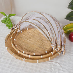 Large Foldable Bamboo Woven Meal Cover Anti-Fly Kitchen Gadget Dining Table Protection Net Home Use Leftover Storage Basket